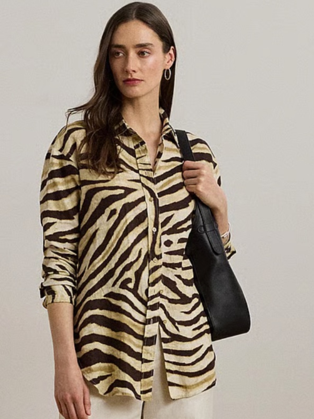 Zebra-Print Button-Up Shirt - Beige and Black